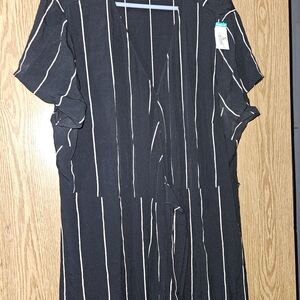 Loft Plus Black And White Vertical Striped Wrap Dress